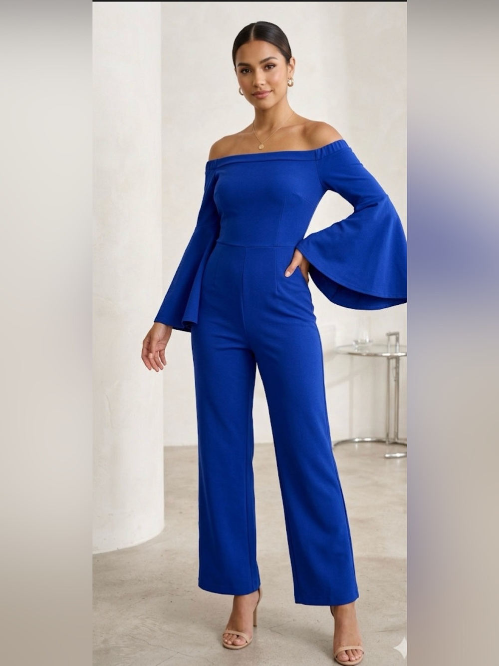 Trina Turk Off-Shoulder Bell-Sleeve Jumpsuit in Blue Size 2